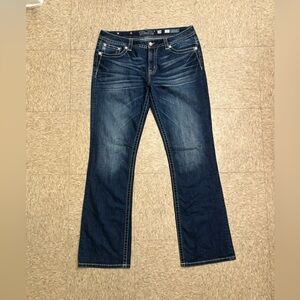 Miss Me Mid-Rise Bootcut Dark Blue Medium Wash Embroidered Rhinestone Jeans